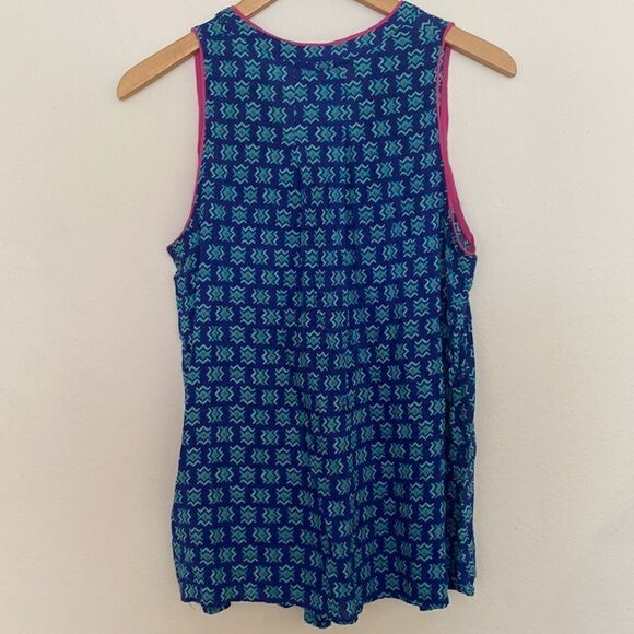 Maeve Anthropologie rayon tank blouse v neck button dwn sz 10 blue print w/ pink - Picture 5 of 7